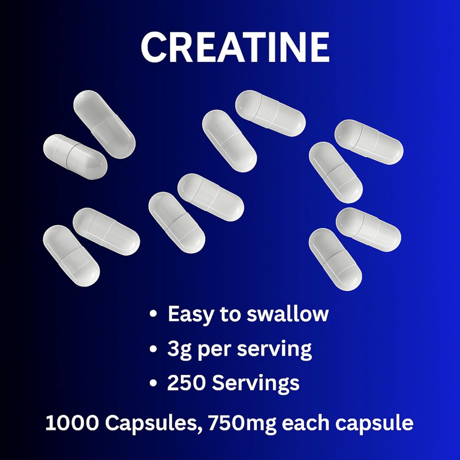 Micronized Creatine Monohydrate 1000 Capsules, 250 Servings, 750mg of Creatine Monohydrate Per Capsule, 3000mg Per Serving