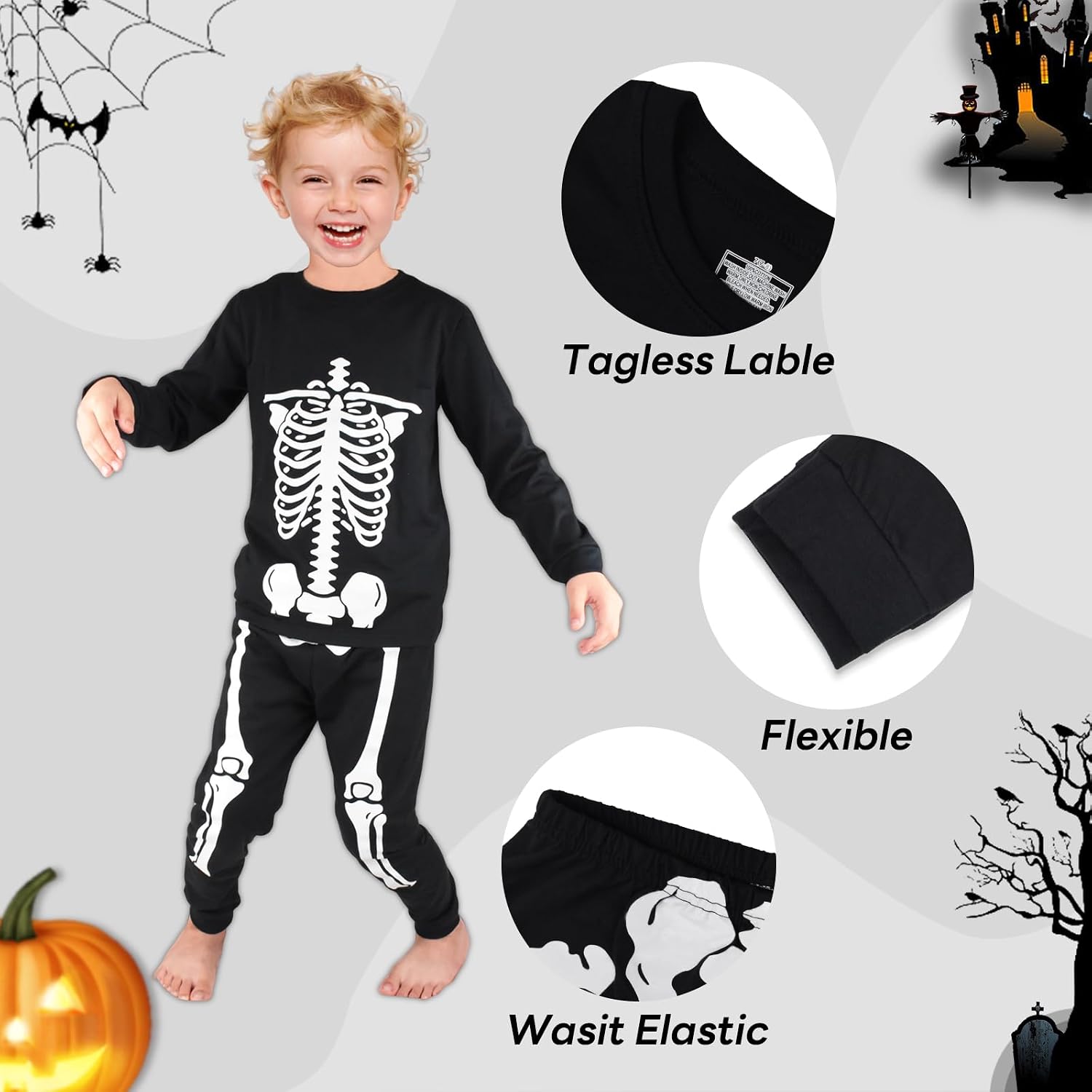 SkiBeaut Kids Halloween Pajamas Set, Glow in The Dark Skeleton Pjs Long Sleeve Sleepwear Costume for 3-8 Years Boy Children