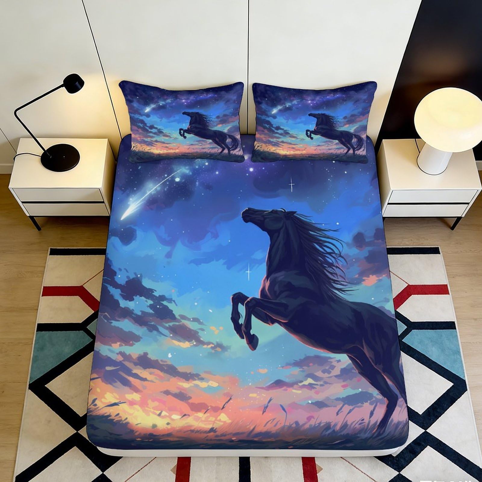 Uynsixtme Style-7 3D Printed Galloping Horse Fitted Sheet Microfiber Deep Pocket Bedroom Bedding For Adults Full Wrap Horse Mattress Fitted Cover Non-Slip Washable 200X200x25cm