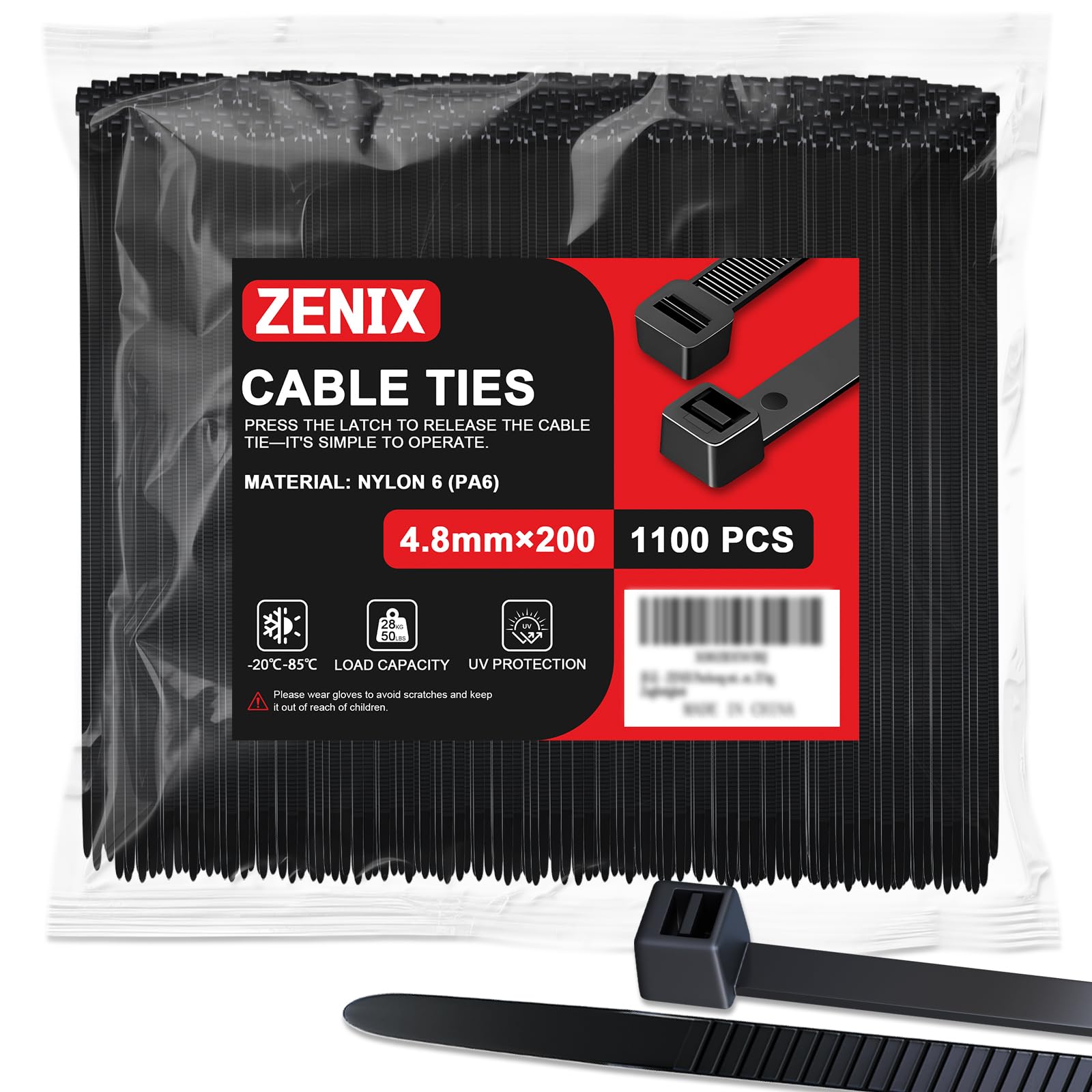 ZENIX Cable Ties, Black, 4.8 mm × 200 mm, Pack of 1,100: UV-Resistant, Extra-Long Cable Ties, Black. 28 kg Tensile Strength.Suitable for Indoor and Outdoor use, as Well as in the Home and Office.