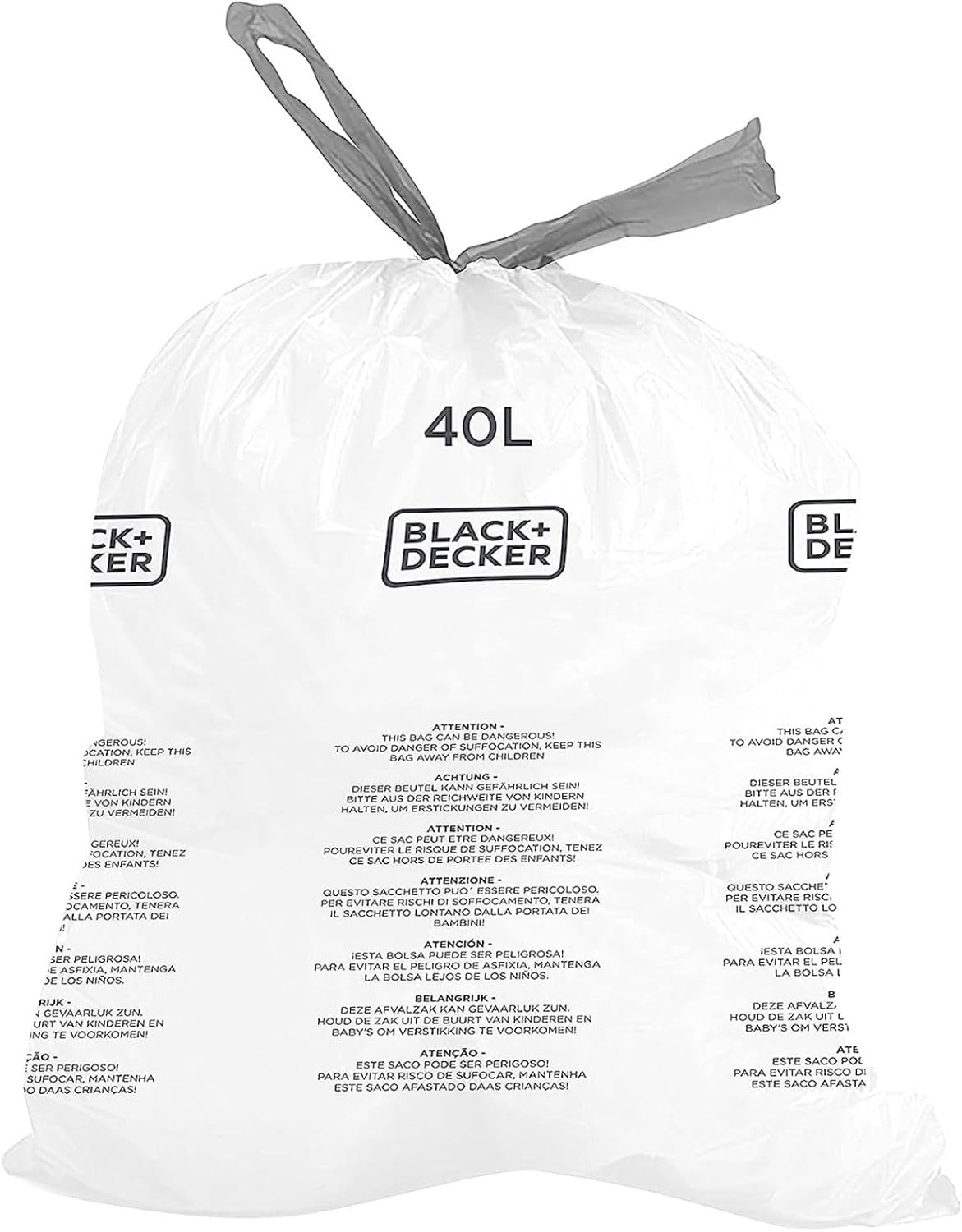 BLACK + DECKER BXBB00040E Drawstring, 20 Pack, White, 40L Bin Liner