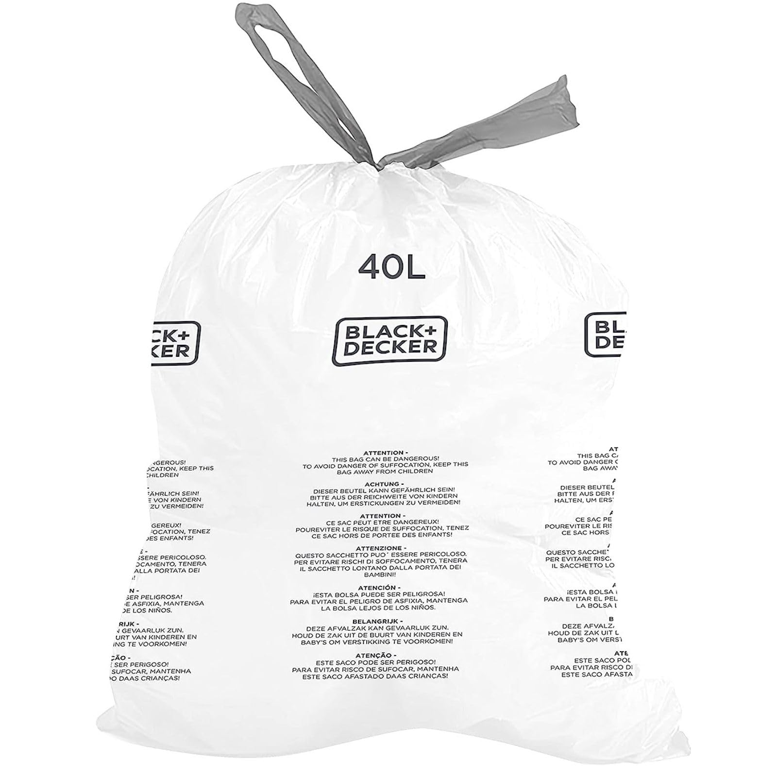 Black & Decker + BXBB00040E Drawstring, 20 Pack, White, 40L Bin Liner