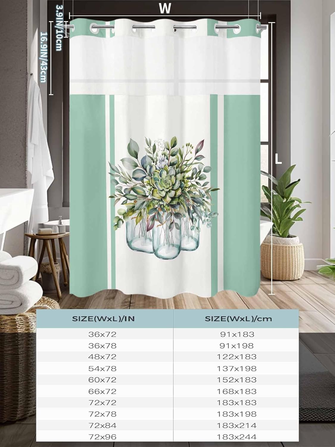 No Hook Shower Curtain and Snap in Liner Set, Sage Green Eucalyptus Leaves Fabric Bathroom Shower Curtains 60x72, See Through Mesh Top Window, Spring Summer Floral Botanical Flowers Hotel Style