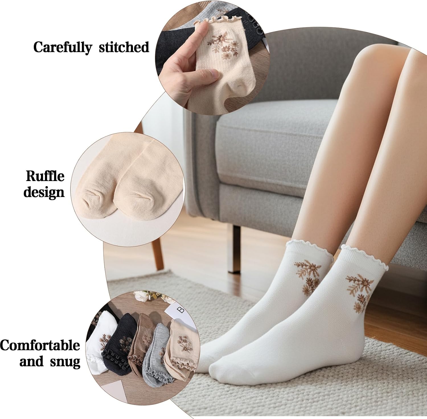Molain 6 Pack Womens Socks, Ruffle Turn-Cuff Casual Ankle Socks Breathable Cool Knit Cotton Lettuce Crew Frilly Sock