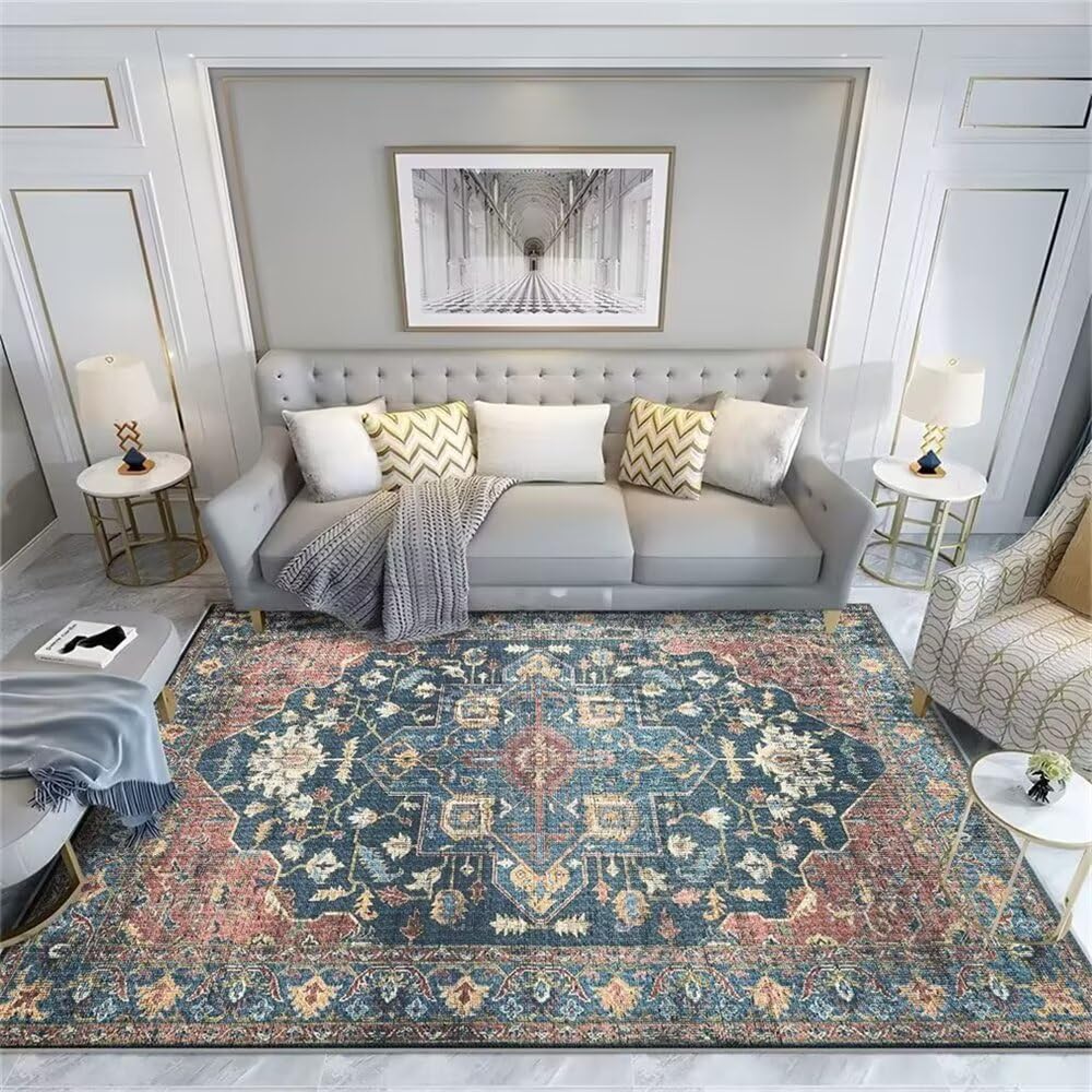 Tapis de salon bleu floral rétro pour créer un coin jeu enfant