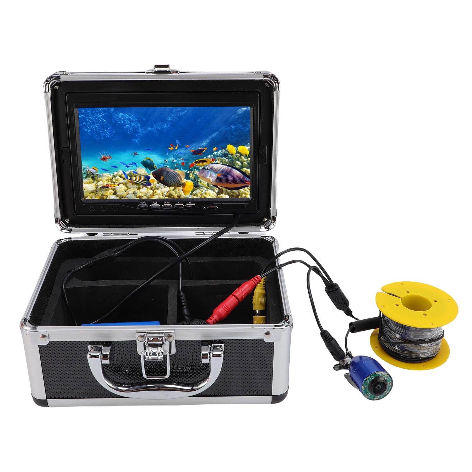 Asixxsix Podwodna Kamera Wędkarska, 7-calowy Monitor LCD Wykrywacz Ryb Wideo z Obiektywem Szerokokątnym 5 MP 1080 P 195 Stopni i Kablem o Długości 65,6 Stopy 5-godzinny Czas Pracy
