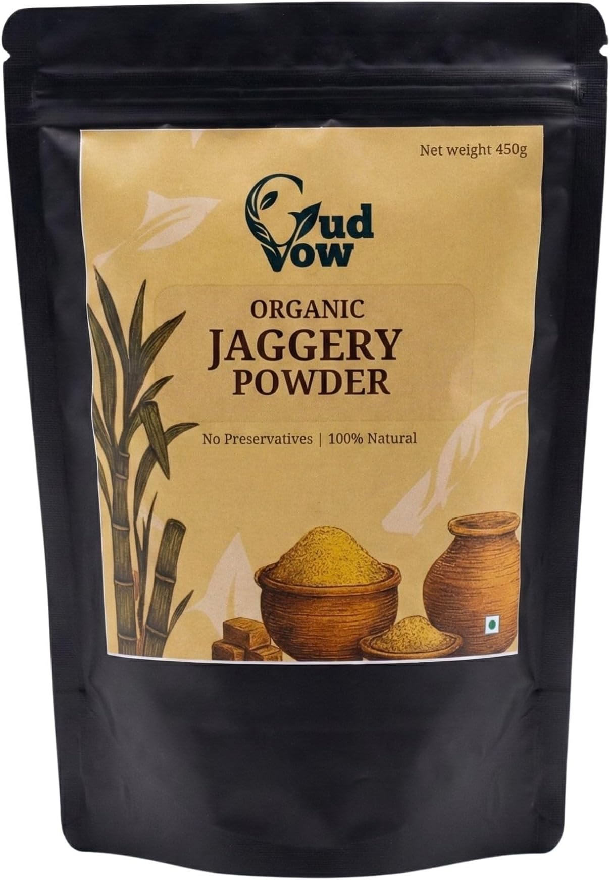 GudVow Premium Organic Jaggery Powder 450g | 100% Natural & Chemical-Free | Sulphur & Bleach Free | Rich in Iron & Minerals | Unrefined Sweetener for Daily Cooking, Baking & Beverages