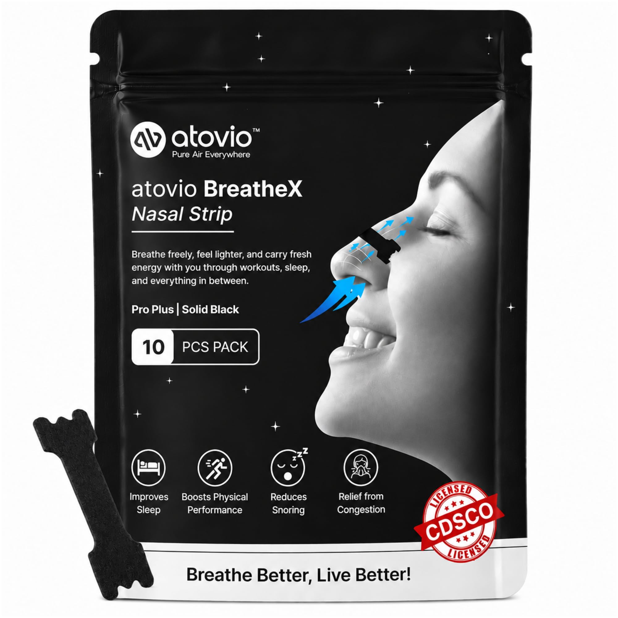 Atovio BreatheX Nasal Strips for Breathing & Snoring Relief, 10 Strips | Extra Strength Anti-Snoring Nose Strips for Nasal Congestion Relief | Sweat-Proof & Hypoallergenic Adhesive | Instant Airflow for Sleep & Sports | CDSCO Licensed - Transparent — Amazon image 10