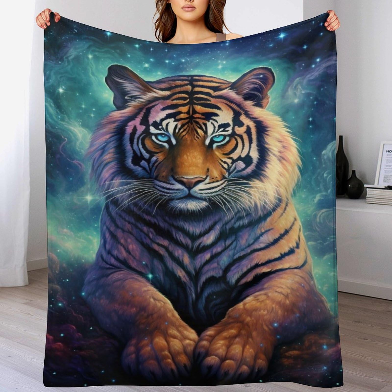 Plaid polaire tigre 140x180cm couverture en peluche légère pour lit et canapé