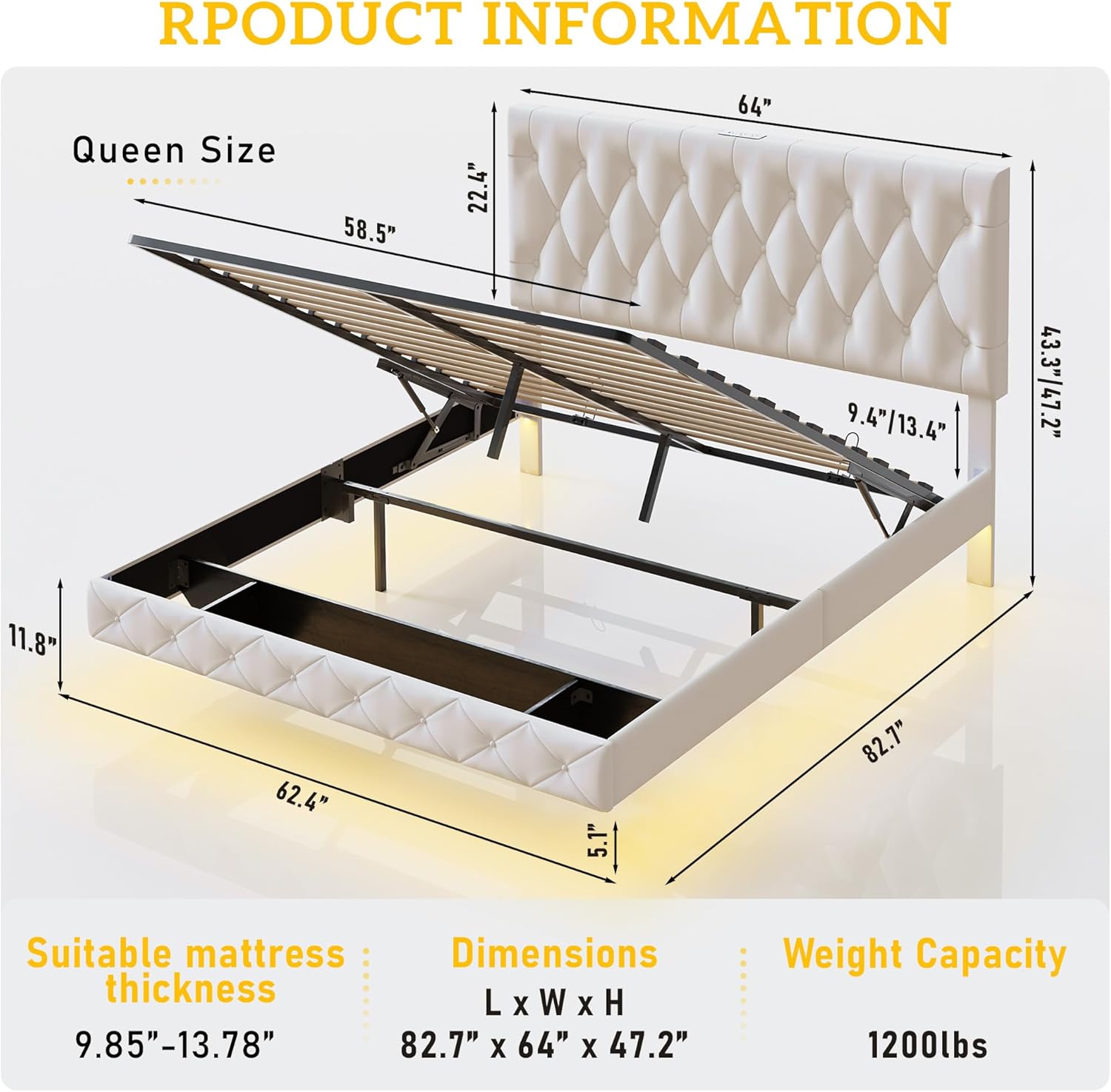 Lift Up Storage Bed Frame Queen Size Floating Bed Frame with Adjustable Headboard/LED Lights/Charging Station/Outlet,Velvet Upholstered Tufted Platform Bed Frame/Wooden Slat/No Box Spring Needed,White