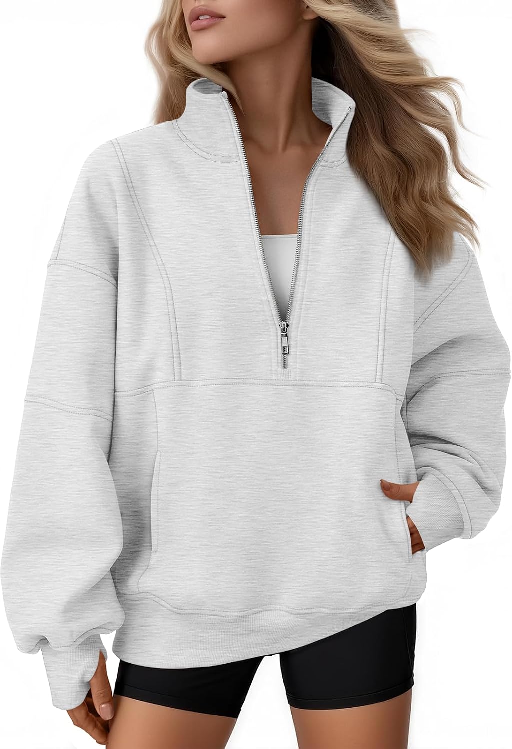 AUTOMET Women's Quarter Zip Oversized Sweatshirt Fleece Mock Neck Pullover | Half Zip, Front Pockets, Thumb Holes, Loose Mock Turtleneck Hoodies, Cozy