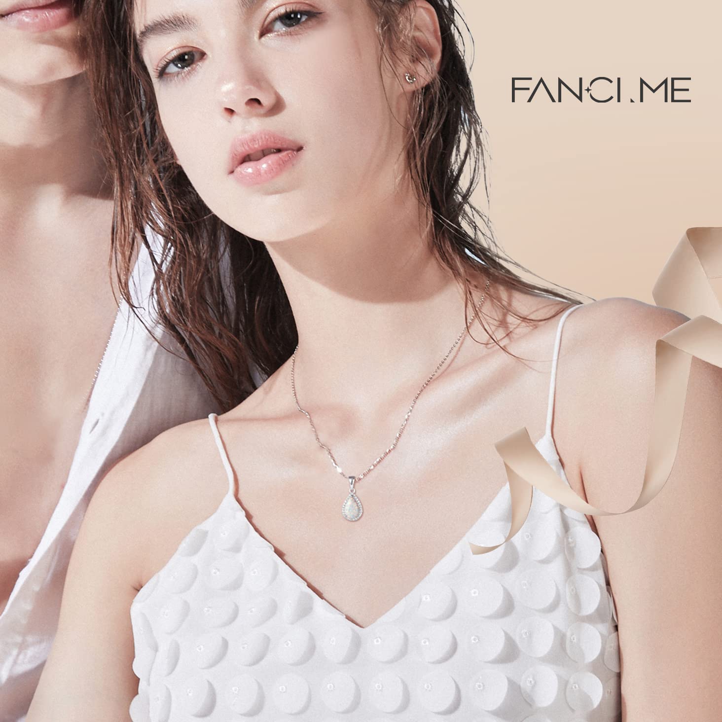 FANCIME Collana in Argento Sterling 925 con Opale Bianco Pendente, Regalo di Gioielli per Donna Ragazza - Catena Lunghezza: 40 + 5 cm