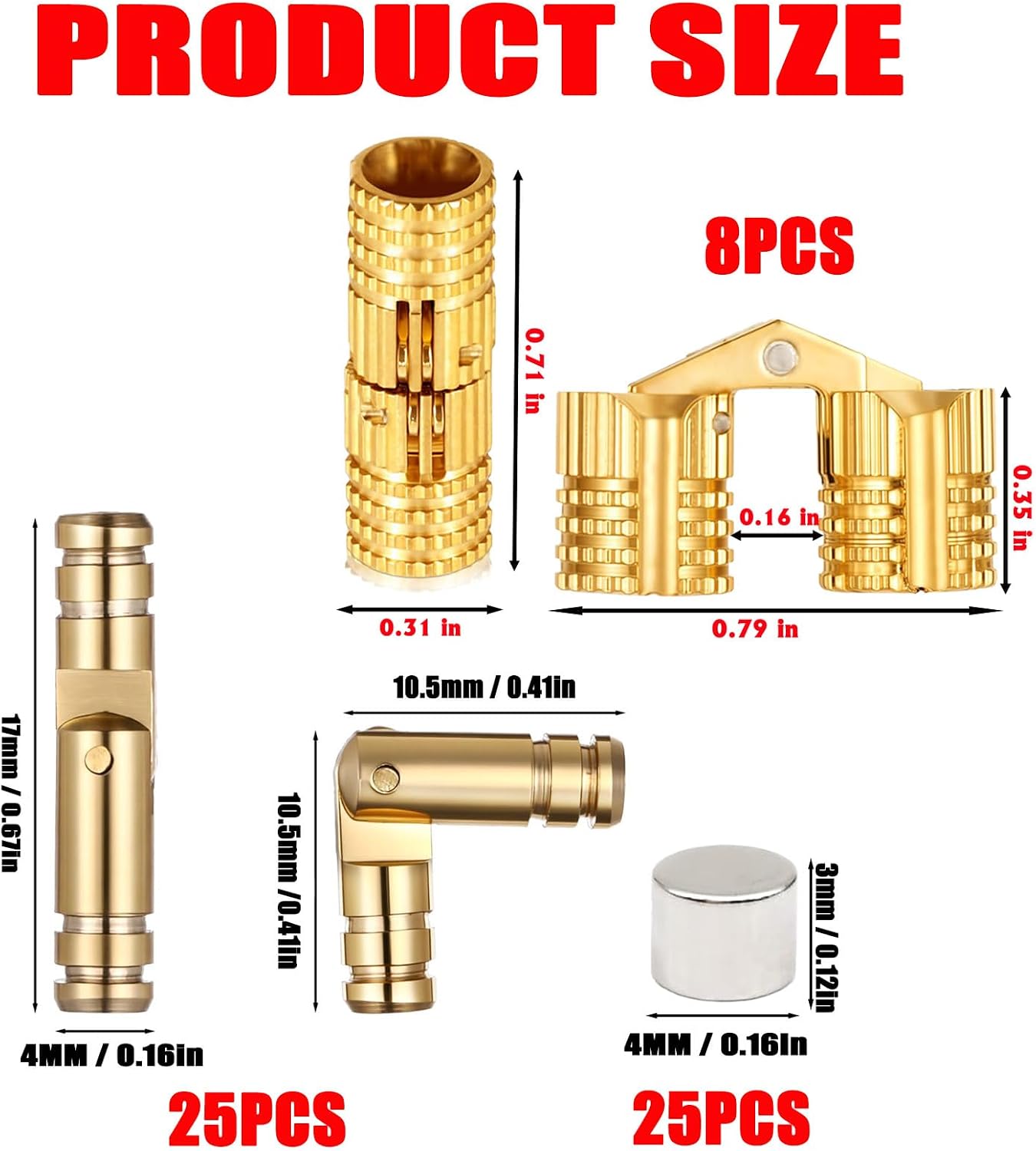 Brass Hidden Cylinder Hinge Set, 60 Piece, with Neodymium Magnets, Concealed Barrel and Folding Hinges, Drill Bits and Depth Stop Collars for Jewelry Box and DIY Woodworking