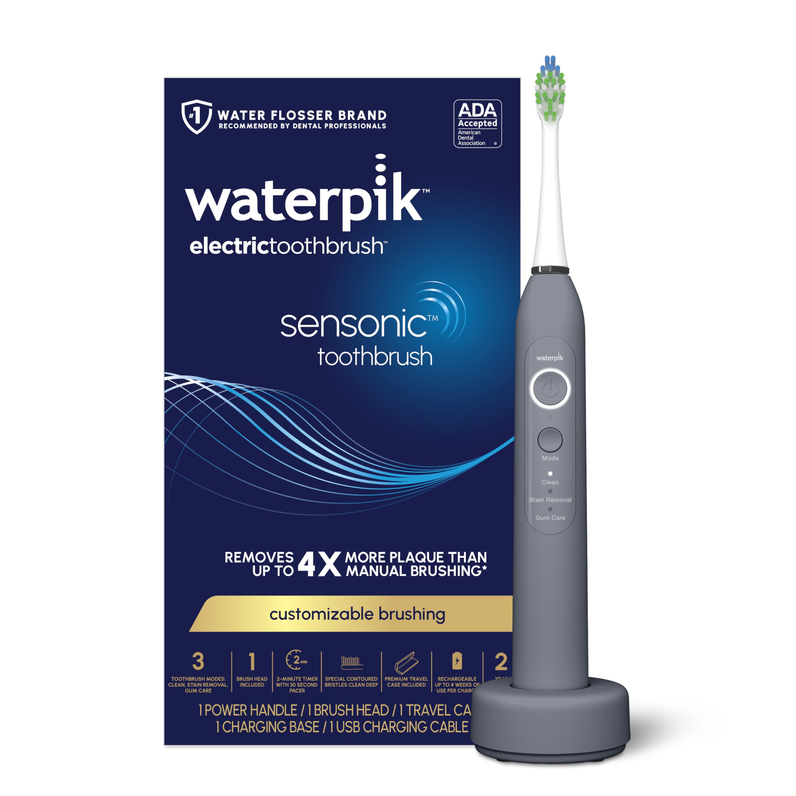 Waterpik Sensonic Sonic STW-03W027 - Cepillo de dientes eléctrico recargable para adultos con 3 modos, estuche de viaje, cargador USB, gris moderno STW-03W027, el embalaje puede variar