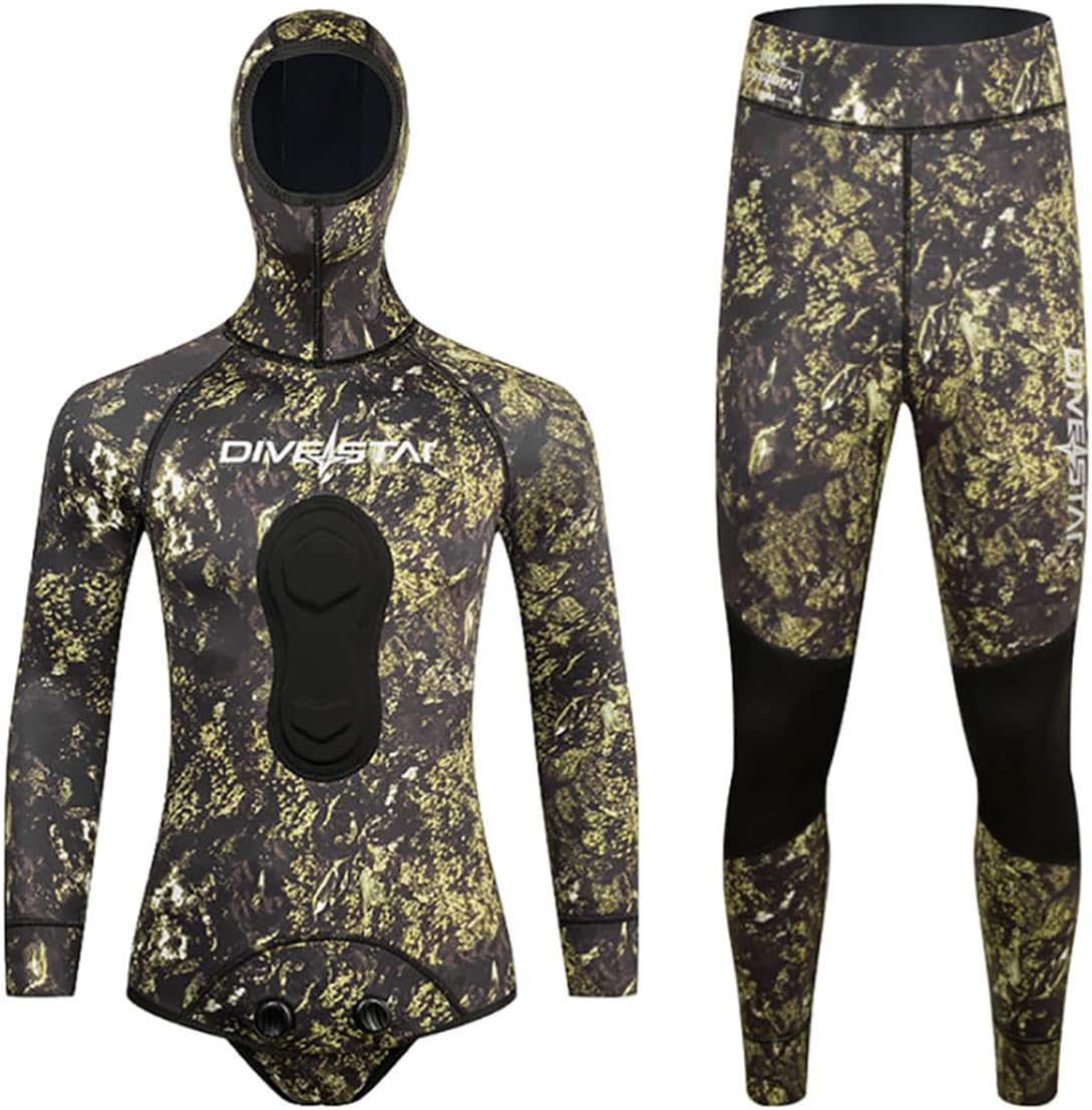Two Piece Camo Spearfishing Wetsuits with Hood 1.5mm Neoprene Stretch Full Wet Suit for Mens Women Scuba Diving,Snorkeling