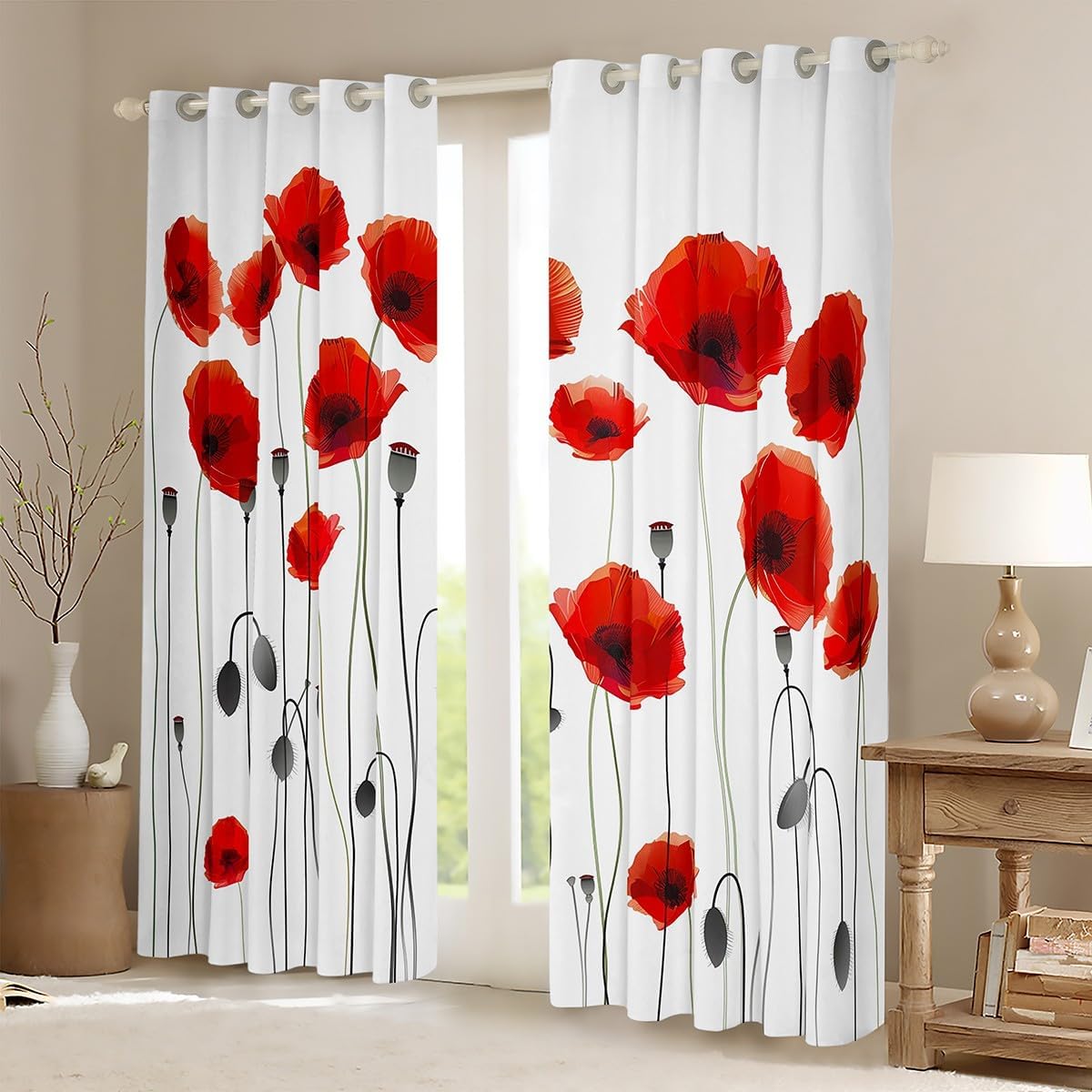 Feelyou Poppy Window Drapes Chic Red Flowers Curtains for Bedroom Living Room Women Garden Botanical Window Curtains Decor (2 Panels， 42 x 63 Inch) 30%-50% Blackout Curtains