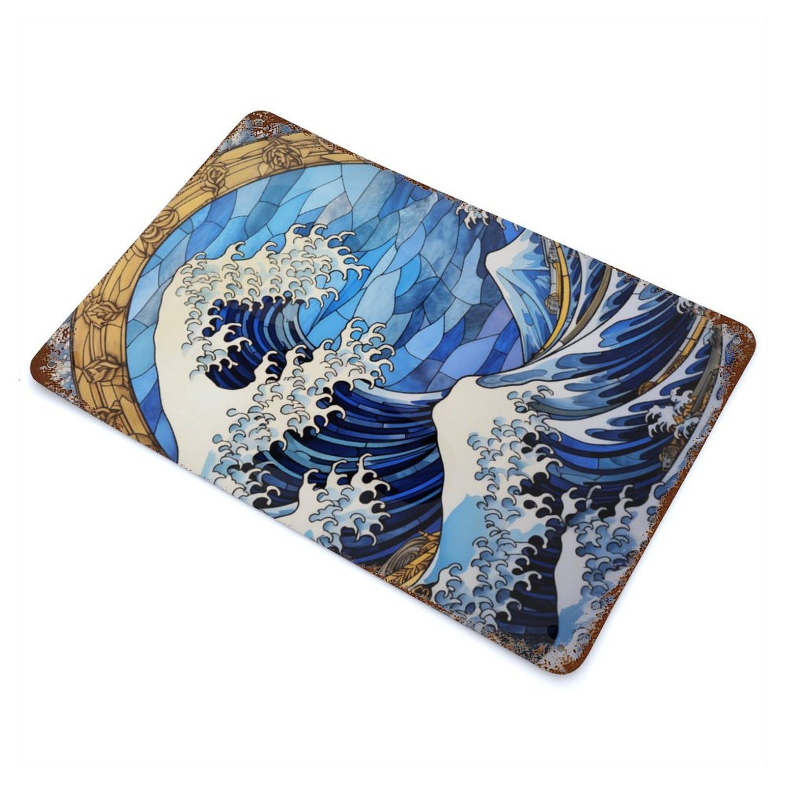 Great Wave of Kanagawa Rust Effect Tin Sign 11.8"x7.9", Ideal for Garage, Bar And Workshop Decor