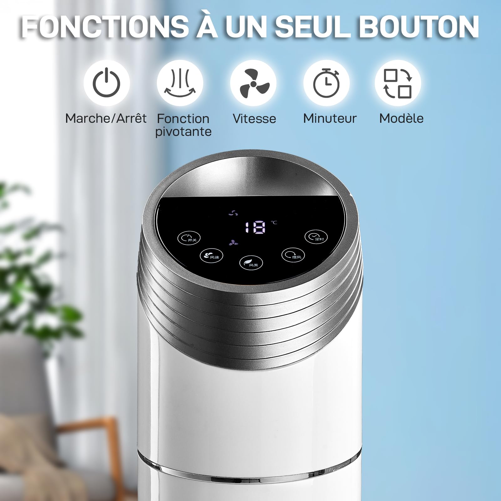 LEADZM Ventilateur Colonne 90W Tour Oscillant 107 cm avec Angle de 80 Degrés,3 Vitesses, commande soft touch,minuterie 12h,silencieux, poignée, base stable (blanc)