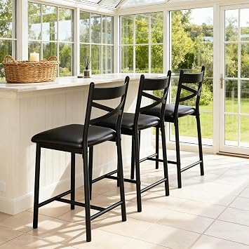 IDEALHOUSE 26 Counte Height Bar Stools Modern High Barstools with Back, Metal Legs and Footrest, Black Faux Leather Bar Chairs,Urban Armless Dining Chairs with Backrest for Kitchen Island (4)