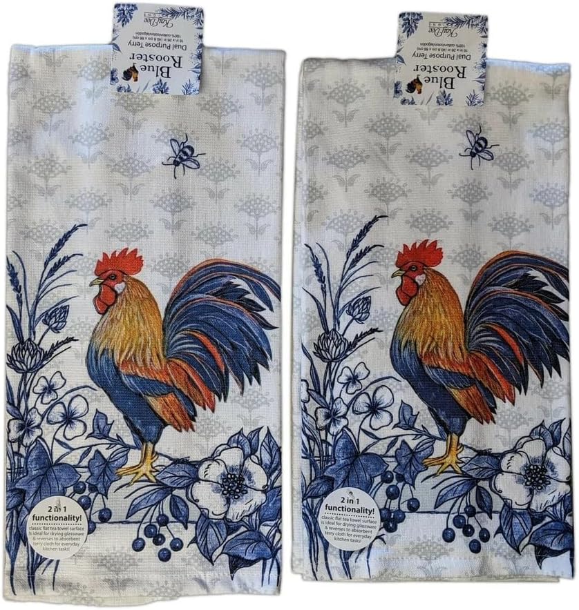 Set of 2 Blue Rooster Floral Terry Kitchen Towels