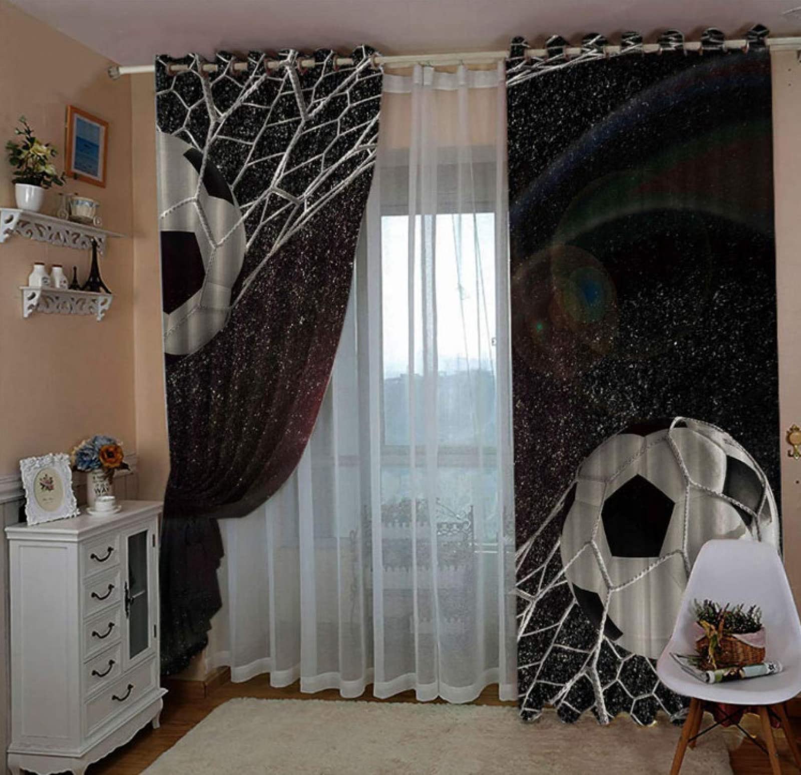 BOVZOX Cortina Opaca Infantil 2 Piezas x 117 An x 138cm Al Estrellas moradas y fútbol Cortina Blackout Telas Termicas Aislantes Frio Calor Ruido Luz Rayos UV para Salon con Ojales
