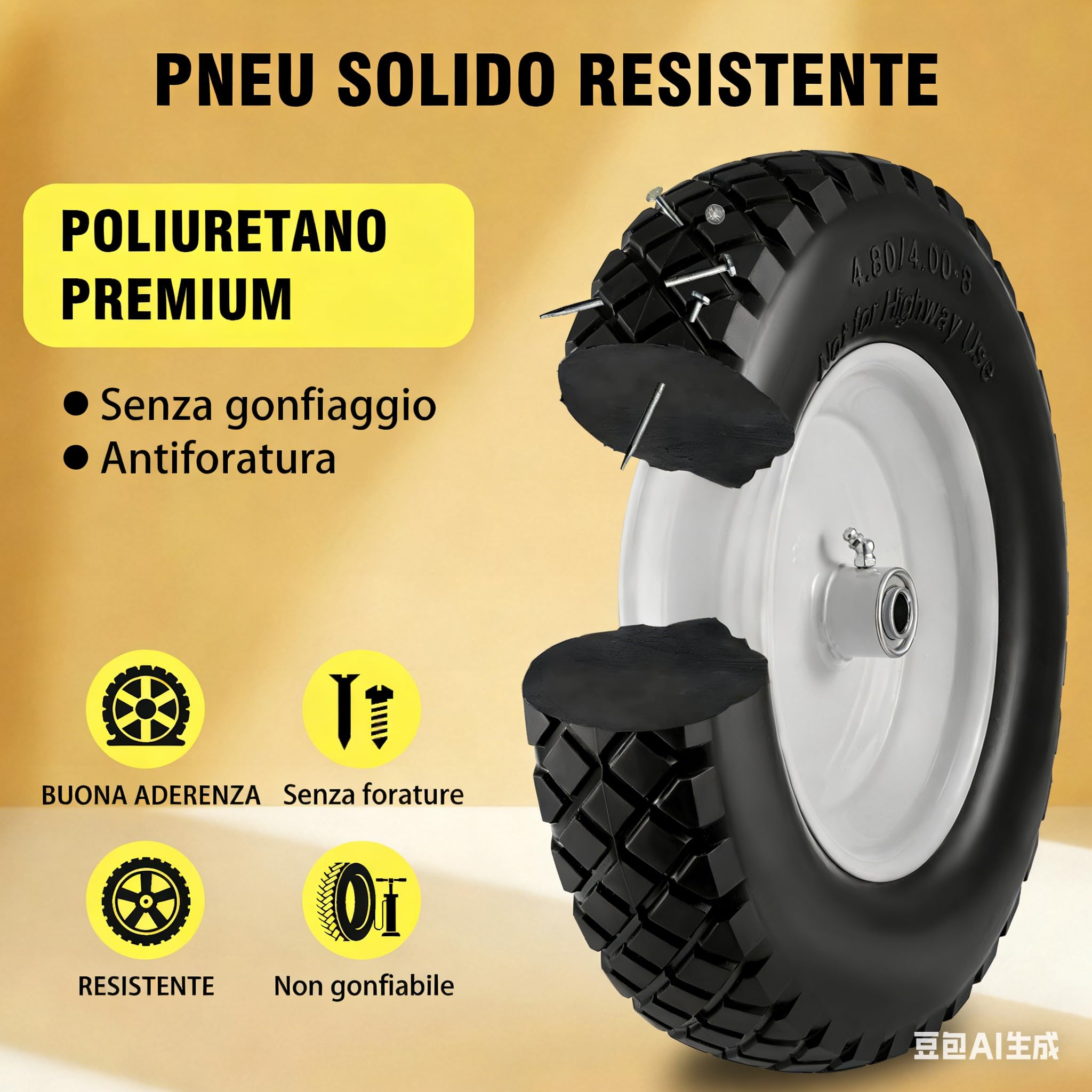 Pneumatico e Ruota Anti-pinchio 4.80/4.00-8" 2 PZ, Ruota Solida da Carrello 38,99 cm con Cuscinetti 15,88 mm & 19,05 mm, Mozzo Centrato 7,62-17,78 cm,per Carrello a Mano/Remorchio da Giardino/Carretto