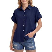 Enmain Womens Short Sleeve Blouse Shirts Linen Cotton Fitted Dress Shirt Lightweight Button Summer Casual Tops with Pockets