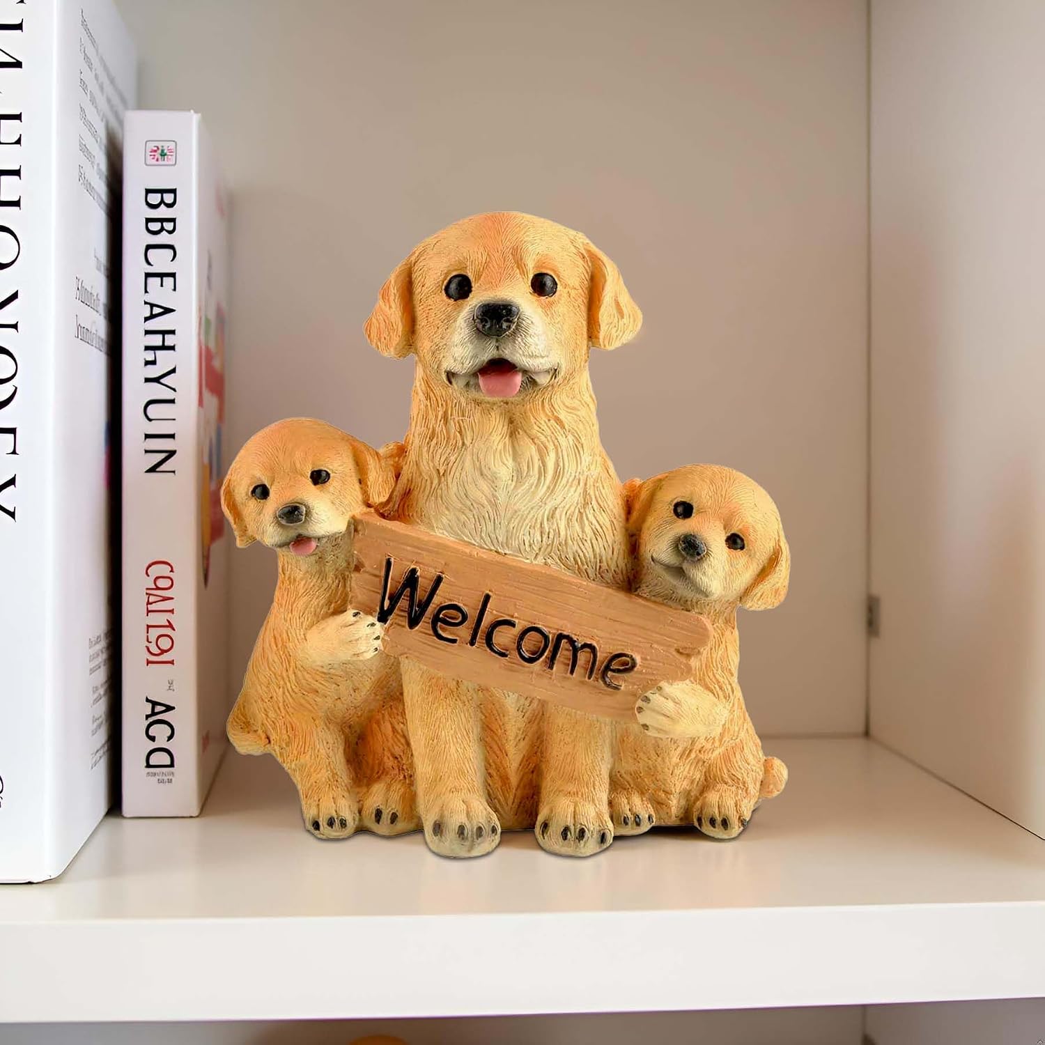 Dog Welcome Sign Statue Golden Retrievers Figurine Welcome Statue Dogs Garden Statues and Figurines for Outdoors Porch Decor 6.1 Inch