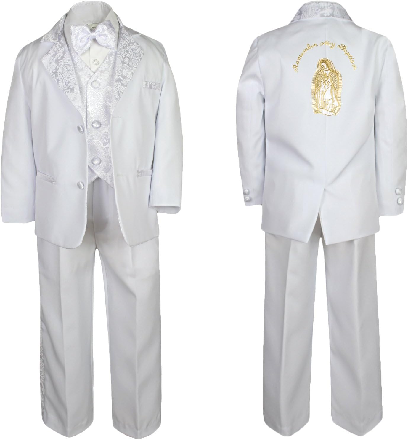New Born Baby Boy Christening Baptism White Tail Suit Mary Maria on Back Sm-7 (5, Gold English)