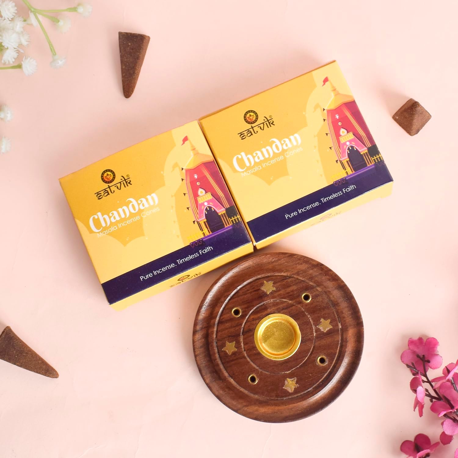 SATVIK Set of 2 - Chandan Pure Masala Dhoop Cones with Free Incense Holder | 100% Natural, Non-Toxic | Made with Herbs, Resins & Essential Oils | for Pooja, Meditation, Aroma & Home Fragrance