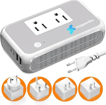 Voltage Converter US to Europe for Curling Iron and Hair Straighteners, 220V to 110V Converter for European Travel Plug Adapter with 2 USB A & 2 USB C Ports Grey White-Global