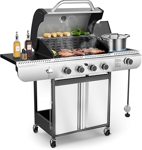 Parrilla de gas G41, parrilla de barbacoa de gas de 4 quemadores con quemador lateral, parrillas esmaltadas de porcelana, parrilla de propano de
