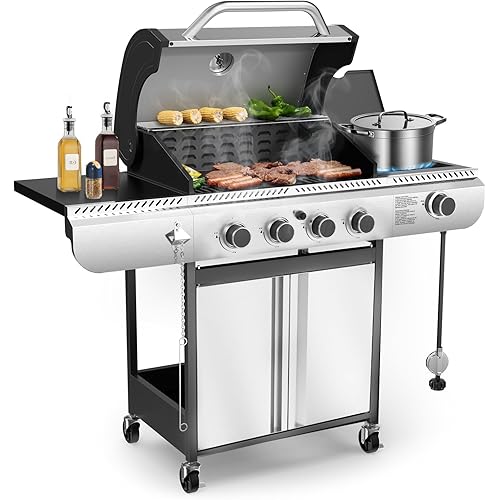 G41 Gas Grill,4-Burner Gas BBQ Grill with Side Burner, Porcelain-Enameled Grills, 42,000 BTU Stainless Steel Propane Grill for Outdoor Cooking and Patio Barbecues