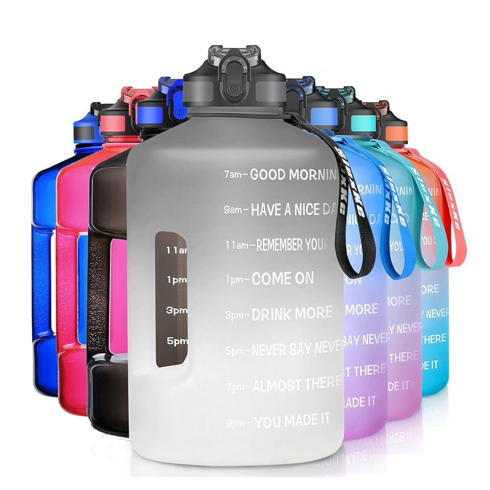 SLUXKE 1 Gallon Water Bottle with Straw, 128oz Motivational Large Water Bottle with Time Marker BPA Free, Big Sports Bottle Jug with Handle Leak Proof for Fitness Outdoor Enthusiasts BLACK WHITE