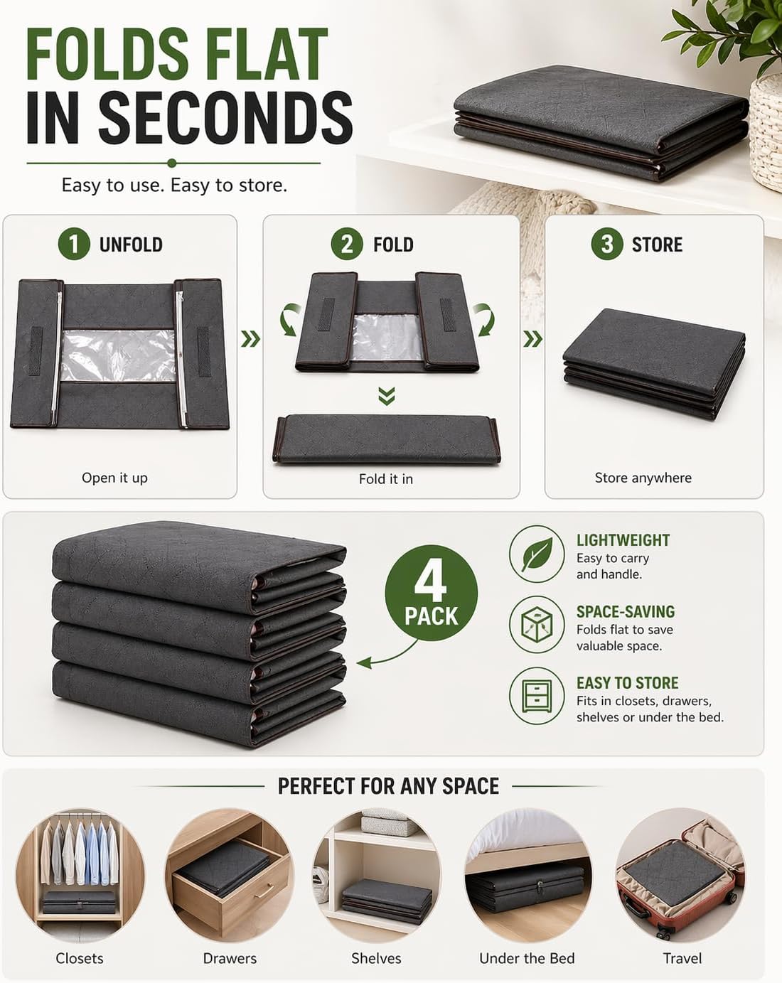 Under Bed Storage Containers 90L set 4 bags, Closet Organizers and Storage Bins, Foldable Underbed Storage Bags (Count 4)
