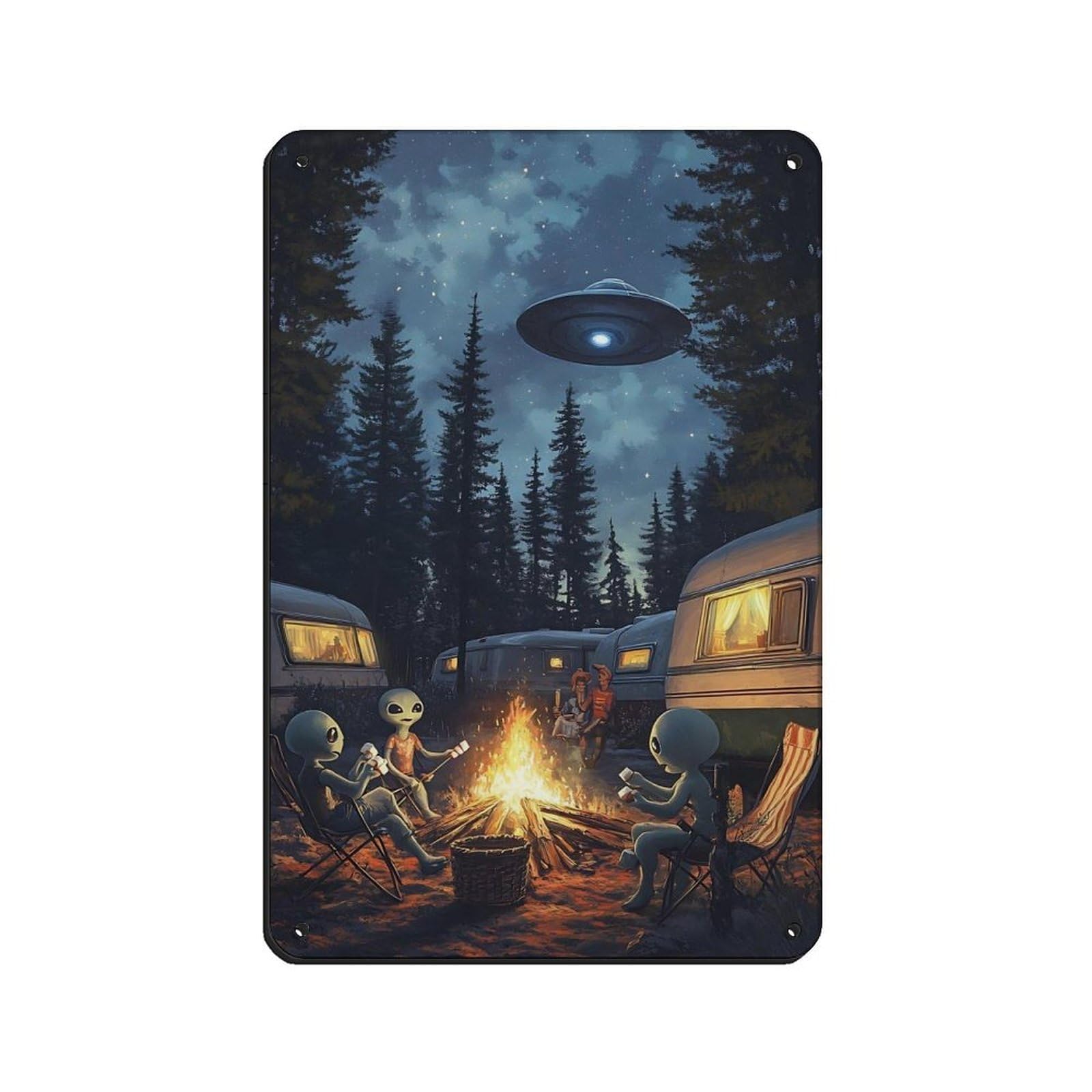 Lxwnze 20L X 30W Cm Alien Camping Scene Ufo Art Tin Sign Vintage Metal Pub Club Cafe Bar Home Wall Art Decoration Poster Retro 8X12inch(20X30cm)