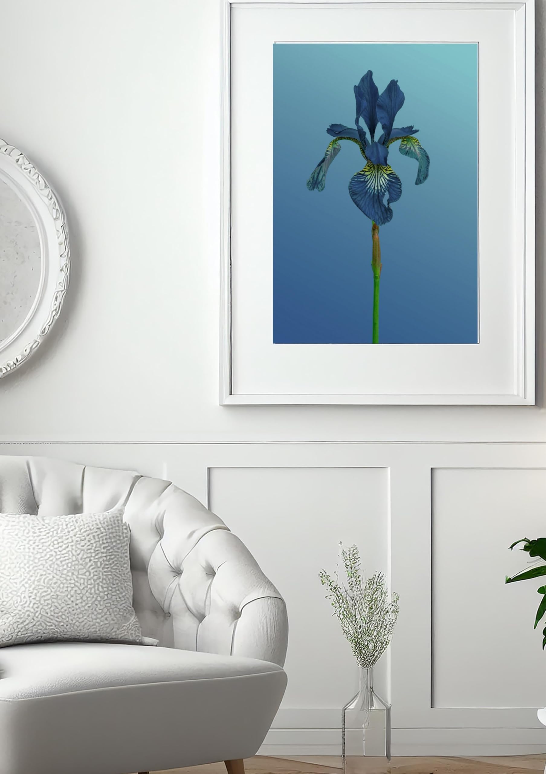 XINBAO Niebieska irys botaniczny do druku, minimalistyczna kwiatowa sztuka ścienna, nowoczesny portret kwiatowy na niebieskim obrazie, obrazy na płótnie 80 x 120 cm bez ramy