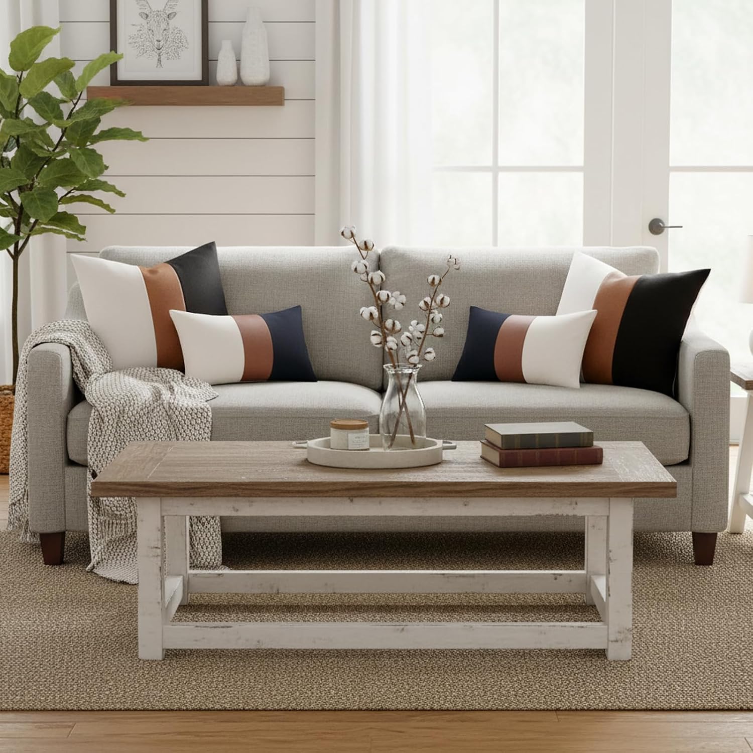 ‌2 Pack 20x20 Inch Throw Pillow Covers, Brown Faux Leather & Black and White Cotton Reversible Decorative Pillow Cases for Living Room Couch Sofa Bedroom Modern Farmhouse Decor