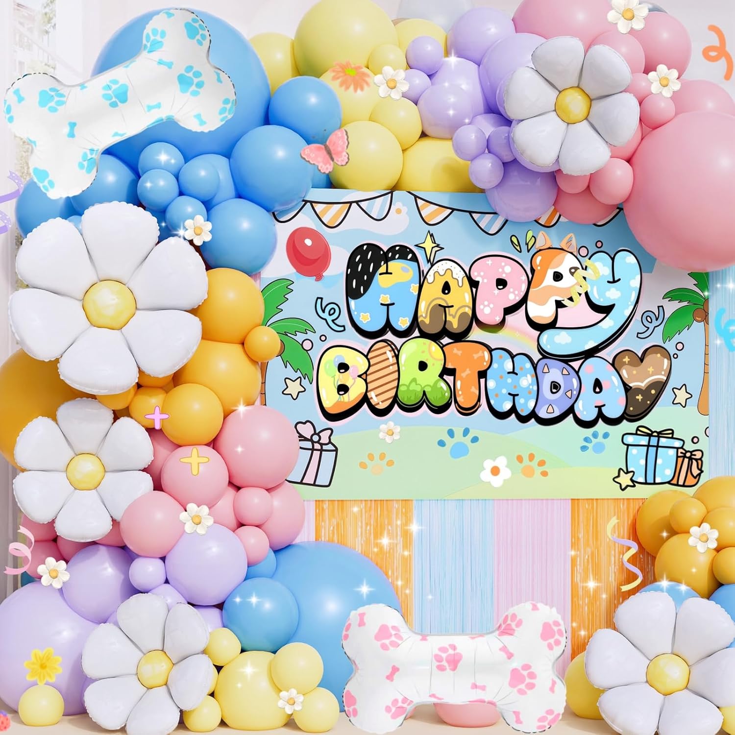 Daidle Blue Dog Birthday Party Decorations for Girls & Boys - Cartoon Theme Balloon Arch Kit with Backdrop, Fringe Curtains & Bone Foil Balloons - Easy Setup Party Supplies for 1st 2nd 3rd Bday