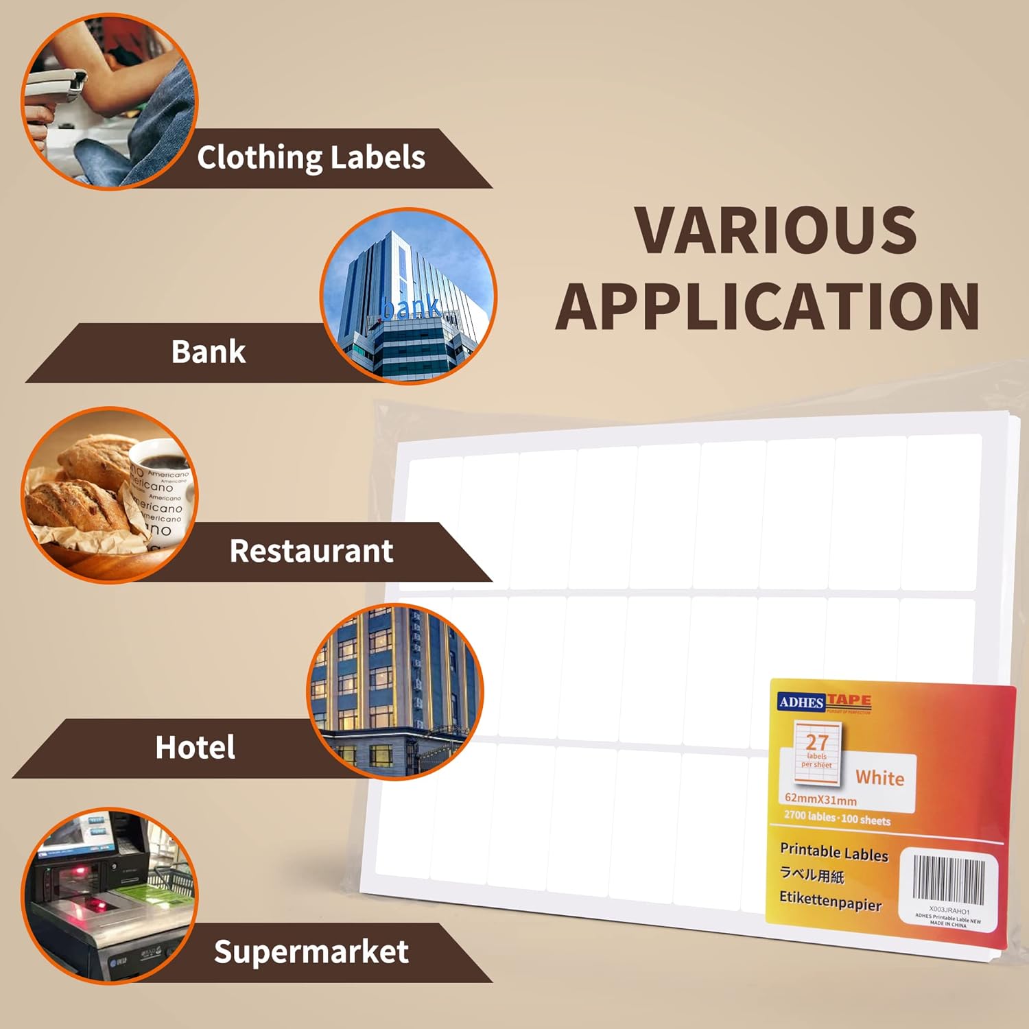 ADHES 2-3/7"x 1-1/5"(62mm*31mm) Direct Thermal Labels, 1000 Sheet Address Label, Labels Stickers for Printer, Compatible with Thermal Printer, Barcodes Labels, Per Sheet 27 Labels, 10Packs