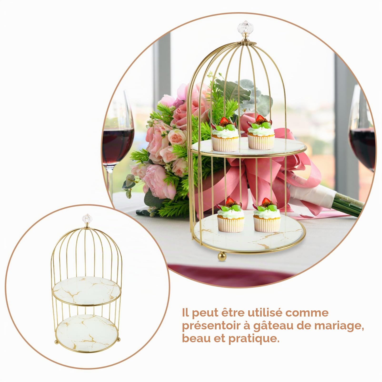 PréSentoir À GâTeaux Doré En MéTal 2 Niveaux Cage À Oiseaux Support GâTeau Pour FêTe Mariage Anniversaire Et Thé De L'AprèS-Midi