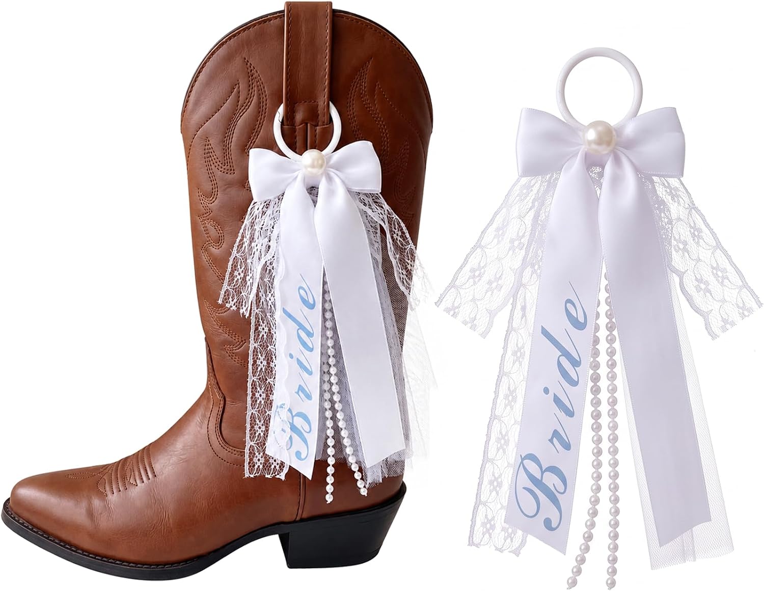 Bride Boot Bow Pearl Lace Ribbon Charm Decor Gift for Western Wedding Cowgirl Bride Shower Bachelorette Party