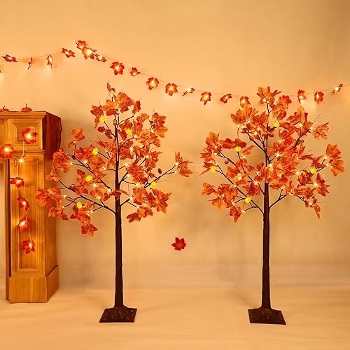 Miniatura 6 de Control remoto y temporizador, decoración de otoño, paquete de 2 unidades, árbol de arce artificial preiluminado de otoño de 4 pies para el hogar,