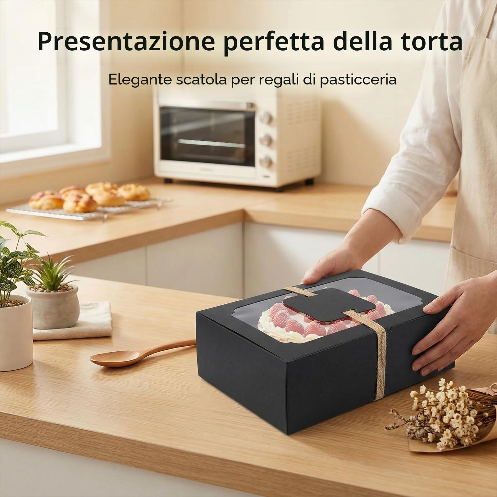 12 Pezzi Scatole per Biscotti, Scatola per Torte, Scatole per Dolci,Rettangolari, Finestre Trasparenti, con 12 Carte di Carta e un Rotolo di Spago, per Crostate, Torte, Pasticcini (Nero)