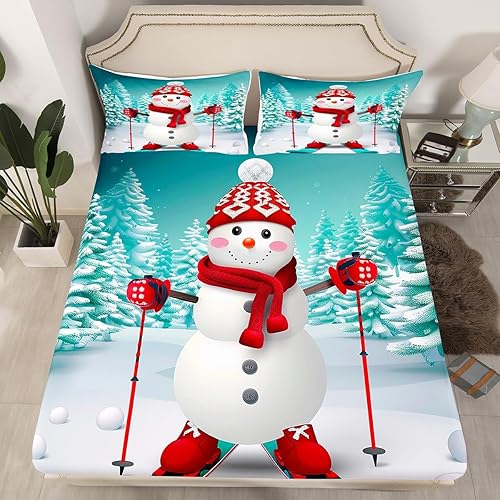 Miniatura 2 de Erosebridal Sábanas de muñeco de nieve tamaño matrimonial, juego de sábanas de esquí kawaii para árbol de Navidad, sábana bajera ajustable para