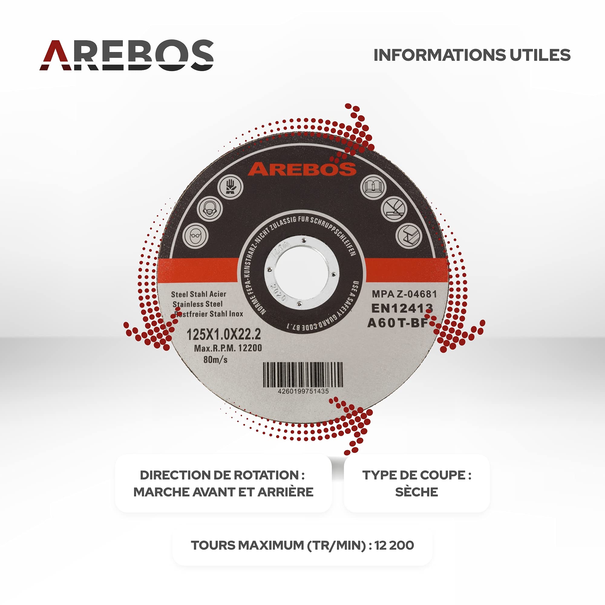 Arebos 50x 125 mm Meule à tronçonner | Fer, Métal, Acier, Inox, Aluminium (125 x 1,0 x 22,2 mm) Disques à tronçonner 125 pour Meuleuse d'Angle