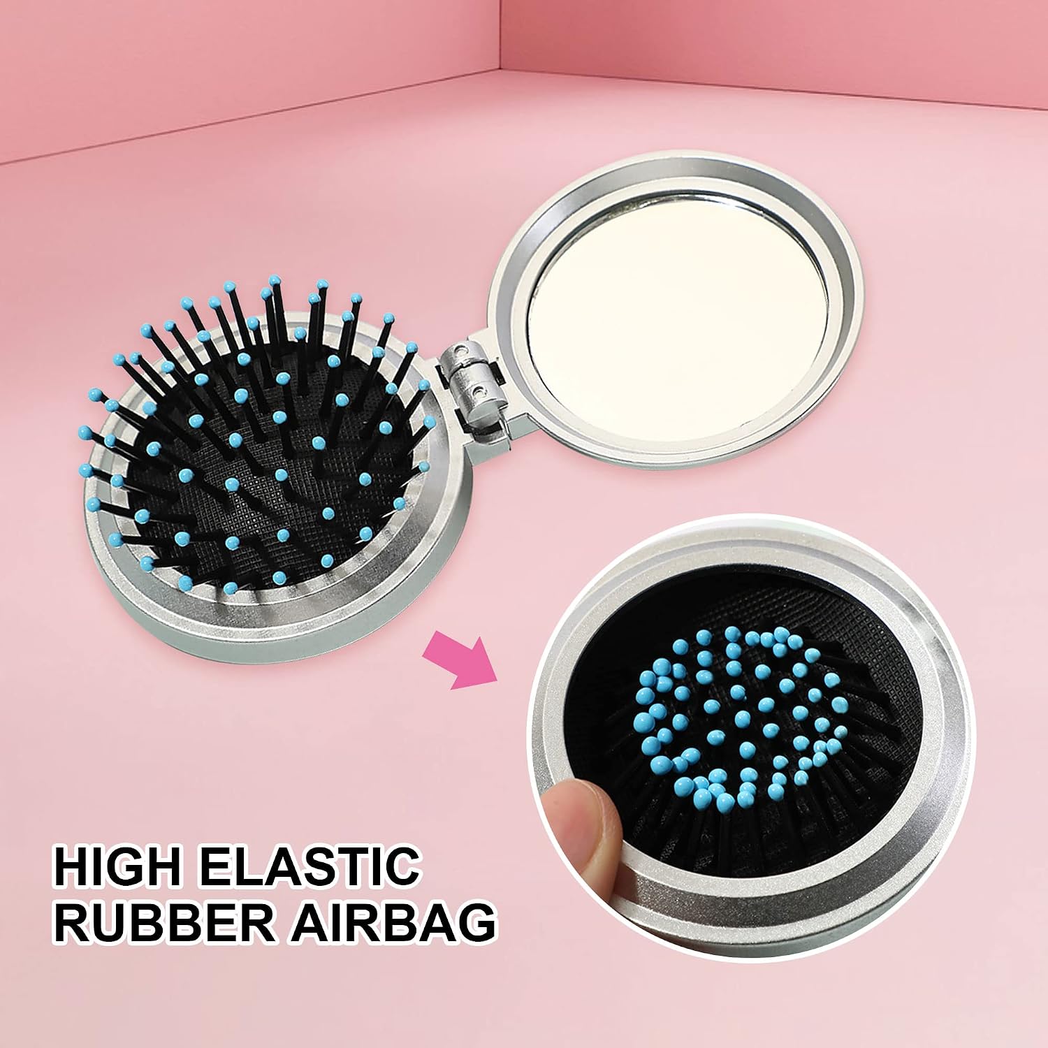 1st Choice Folding Hair Brush with Mirror,Round Mini Compact Massage Comb for Purse/Pocket,Travel Size for Girls and Women (Black)