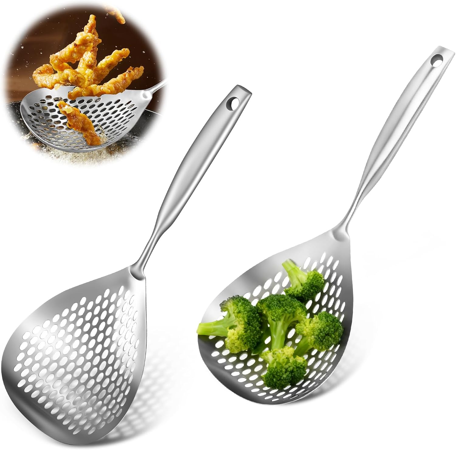 Slotted Spoon 304 Stainless Steel Skimmer Spoon with Long Handle Efficient Skimmer Ladle Multifunctional Strainer for Kitchen Frying Cooking Draining