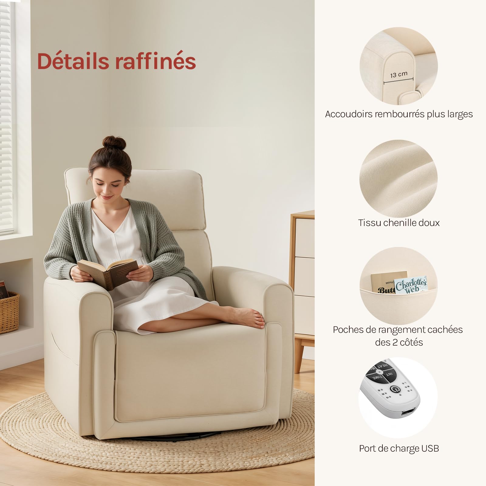 WOLTU Fauteuil de Massage Électrique, Fauteuil TV Relax de Chauffage Inclinable, Pivotant, Berçant, avec Repose-pied, Poches Latérales et Port USB pour Salon, Chambre, Charge 150kg, en Chenille, Beige