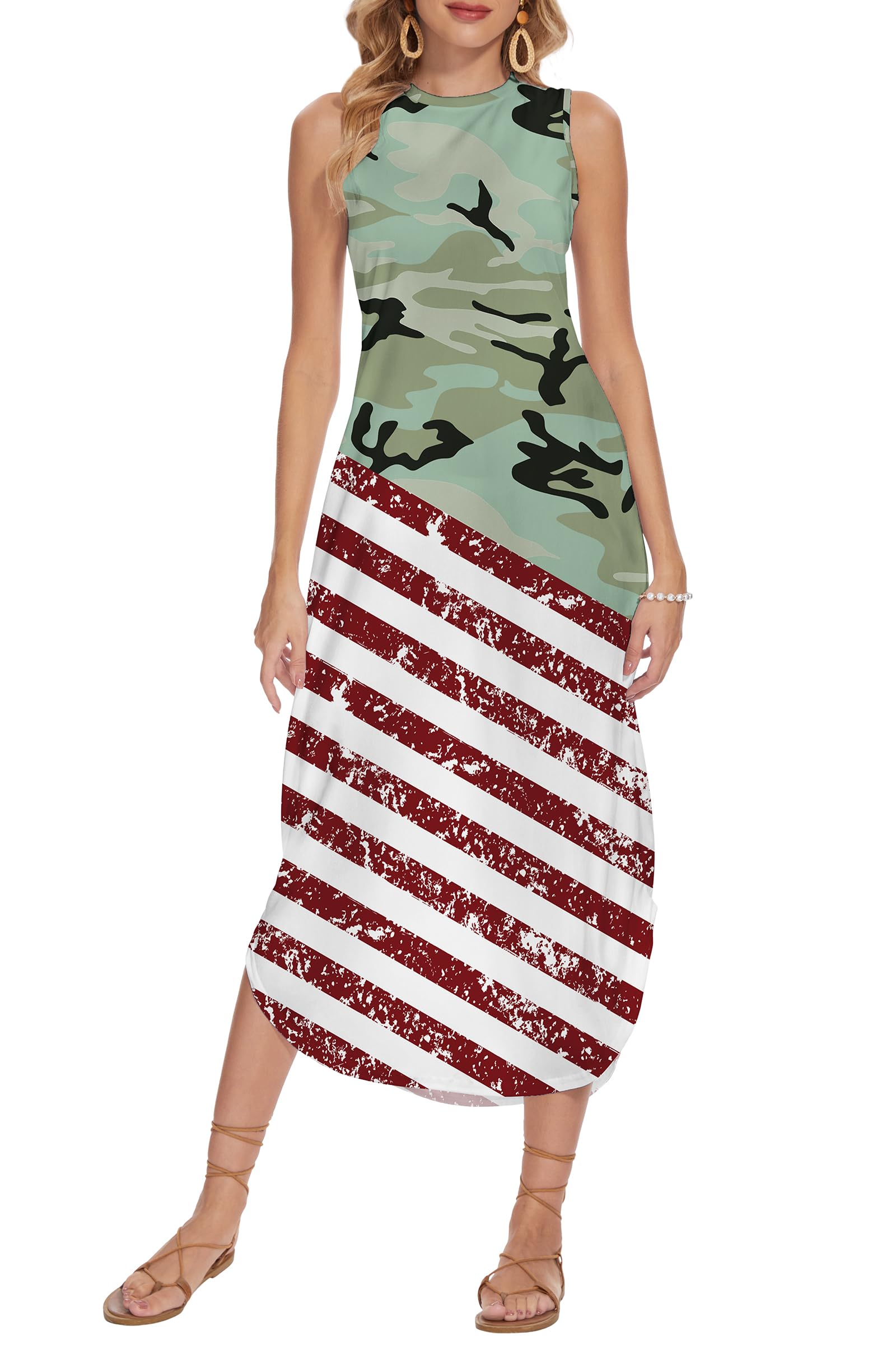 TMSD Women's July 4th Independence Day Crew Neck Memorial Day Maxi Dress with Pockets